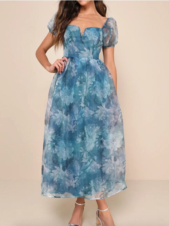 Lulus Dresses & Skirts - Lulus Lovely Statement Teal Blue Floral Organza Tie-Back Midi Dress - Size M